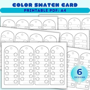 May include: A printable A4 color swatch card PDF featuring six designs of blank tags with outlines of hearts, clouds, circles, and flowers. Each tag includes a hole at the top and horizontal lines for writing, presented in black and white.