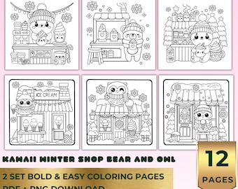 Winter Coloring Book Pages, Cute Animal Shop Coloring Pages, Cozy Kawaii Coloring Book, Bold Easy Printable PDF PNG