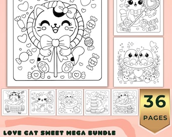 Dibujos para colorear de gatos de San Valentín, 36 dibujos kawaii sencillos y llamativos, páginas para colorear imprimibles para niños y adultos.