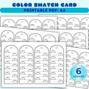 Può includere: Una scheda di campioni di colore stampabile in formato A4 con sei design di etichette in bianco e nero. Ogni etichetta ha una parte superiore arrotondata con un foro e diverse linee orizzontali decorate con gatti. Il testo recita COLOR SWATCH CARD, PRINTABLE PDF: A4 e 6 DESIGNS.