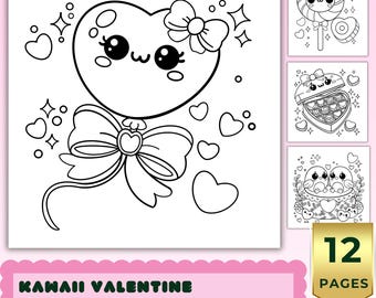 Dibujos para colorear de San Valentín estilo Kawaii, libro para colorear de amor adorable, dibujos fáciles y llamativos para adolescentes y adultos, imprimibles con temática de corazones.