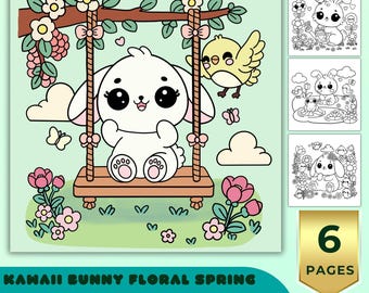 May include: A digital download featuring a Kawaii bunny on a swing, surrounded by flowers and a yellow bird. The image is part of a set of 6 coloring pages, with the text "KAWAII BUNNY FLORAL SPRING" and "6 BOLD & EASY COLORING PAGES".