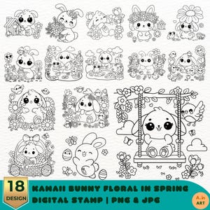 Kawaii Animal Floral Digital Stamp, Kawaii Bunny Spring Floral Digital Stamp, Cute Animal Doodle Clipart, Doodle Cute Animal PNG Outline