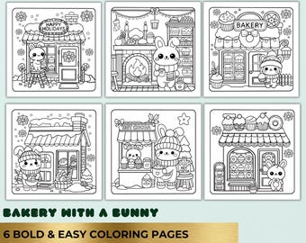 Cozy Coloring Pages, Cute Bakery Coloring Pages, Kawaii Bunny Coloring Book, Bold Easy Printable PDF PNG