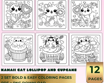 Kawaii Cat Coloring Pages, Cute Dessert Cat Coloring Book, Bold Easy Coloring Pages for Teens & Adults, Sweet Cat Printable