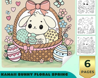 Easter Bunny Coloring Book Pages, Cute Kawaii Easter Coloring Pages, Bold Easy Coloring for Kids Adults, Printable PDF PNG
