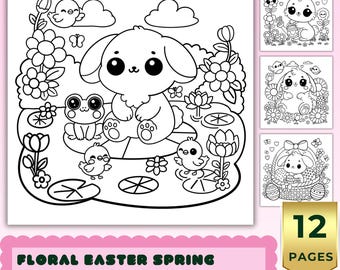 Easter Coloring Pages, Cute Bunny Coloring Book, Kawaii Spring Coloring Pages for Kids Adults, Bold Easy Printable PDF PNG