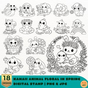 Kawaii Animal Floral Digital Stamps, Kawaii Animal Spring Floral Digital Stamp, Kawaii Animal Doodle Clipart, Doodle Animal PNG Outline