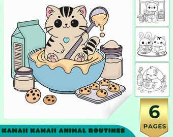 Baking Coloring Pages, Cute Kawaii Animal Coloring Pages, Cooking Theme Coloring Printable for Kids and Adults