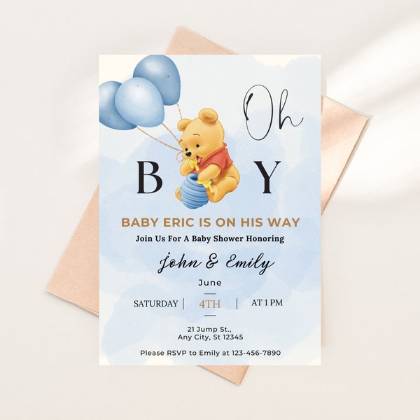 Winnie The Pooh Baby Shower Invite I Baby Shower Invitation Template I Baby Boy I Baby Shower Invite I Oh Boy We Can Bearly Wait I Balloon