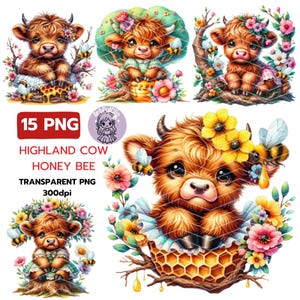 Watercolor honeybees highland cow clipart, Baby highland cow PNG, Honeybees clipart, Honeybees PNG, Commercial use