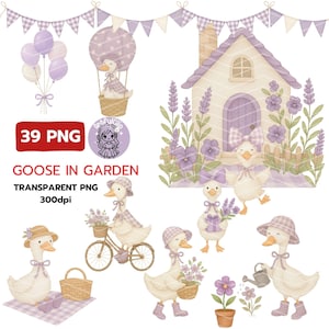 Goose In Garden Spring Vintage Cottagecore, Whimsical Cute Watercolor Goose, Goose Birthday Party, Wildflowers Balloons PNG, Commercial Use