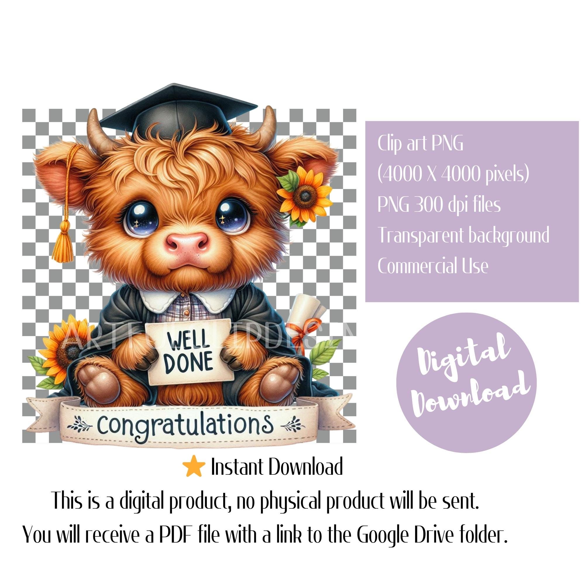 Watercolor Graduation Highland Cow Clipart: Nursery PNG (commercial Use ...