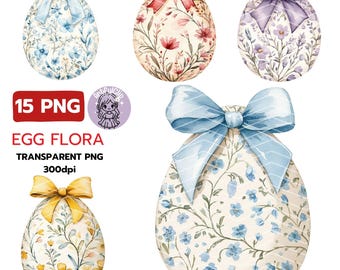 May include: Set of five watercolor Easter eggs with floral patterns. Each egg has a different color bow and floral design. The eggs are isolated on a white background.