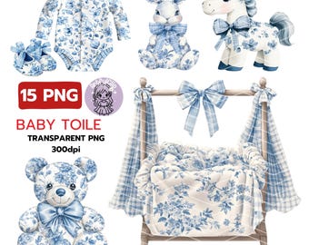 Clipart de guardería de toile azul: Chinoiserie francesa PNG (descarga digital)