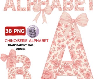 Pink Chinoiserie Alphabet PNG, Floral Toile Letters (Digital Download)