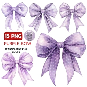 Pode incluir: Uma coleção de cinco laços roxos em estilo aquarela com um padrão listrado. A imagem inclui o texto "15 PNG", "PURPLE BOW", "TRANSPARENT PNG" e "300dpi". Uma pequena imagem de desenho animado também está presente.
