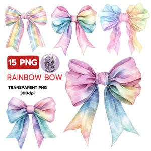 Watercolor Rainbow Bow Clipart: Coquette Pastel PNG (Commercial Use)