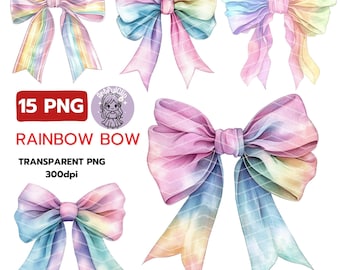 Akwarelowy, tęczowy kokardkowy klipart: Kokietka Pastel PNG (do użytku komercyjnego)