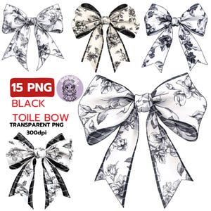 Op de afbeelding: Set van 15 zwart-witte toile strik clipart afbeeldingen. De strikken zijn in verschillende maten en hoeken. De strikken zijn op een witte achtergrond.