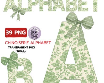 Green Chinoiserie Alphabet PNG, Toile Watercolor Letters (Digital Download)
