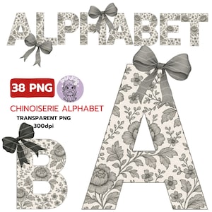 Alfabeto Chinoiserie Preto PNG, Letras de Sublimação, Faculdade de Toile Preto, Conjunto de Letras e Números do Alfabeto Coquete em Aquarela Preto Toile