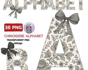 Black Chinoiserie Alphabet PNG: Watercolor Toile Letters & Numbers