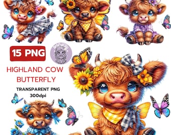 Highland Cow Butterfly PNG Clipart: Spring Flowers (Commercial Use)