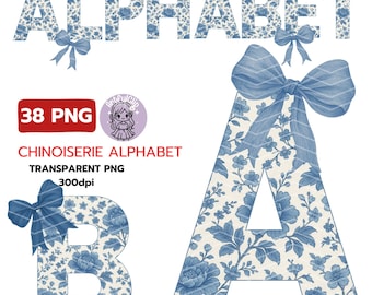 Blue Chinoiserie Alphabet PNG: Watercolor Toile Letters (Digital Download)