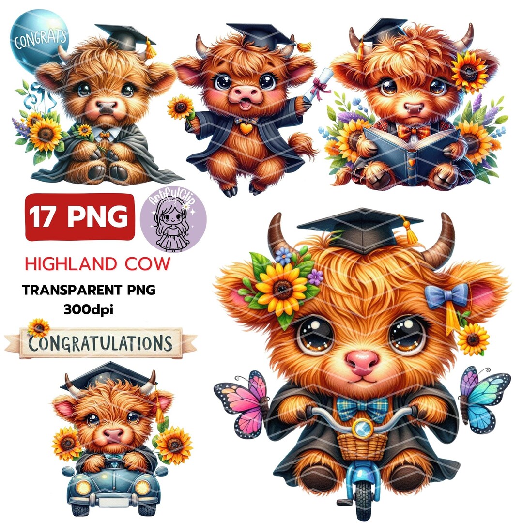 Watercolor Graduation Highland Cow Clipart: Nursery PNG (commercial Use ...
