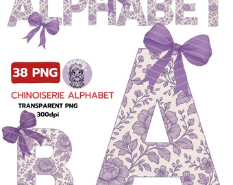 Purple Chinoiserie Alphabet PNG: Watercolor Toile Letters (Digital Download)