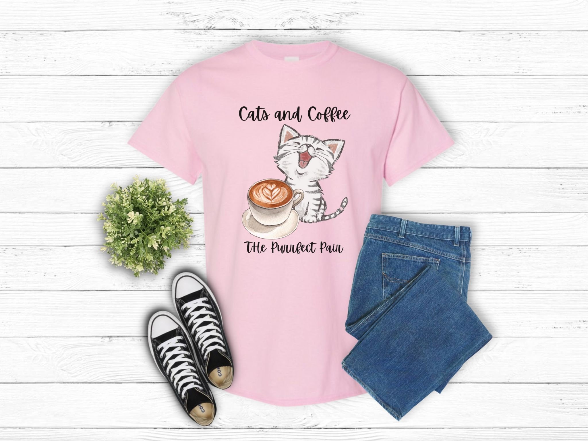 Coffee Cat Print Home Long Sleeve Two Piece Set