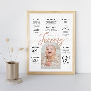 First Birthday Photo Milestone Poster, Baby Milestone Board Printable, 1st Birthday Sign, Instant Download Template, Simple, Minimalistic