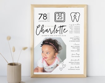 Baby First Birthday Milestone Poster | Baby Milestone Board Printable | 1st Birthday Sign | Instant Download Template