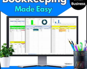 May include: A computer monitor displays a bookkeeping spreadsheet with income and expense tracking tables, bar charts, and a pie chart. The text reads Bookkeeping Made Easy For a Small Business and Side Hustle Income & Expense Tracking.