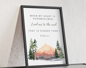 Salmo 61:2 Cuando mi corazón esté abrumado, guíame a la roca. Arte de pared con versículo bíblico, Escritura imprimible, arte de pared cristiano, descarga digital