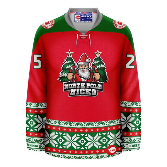 Custom Christmas North Pole Nicks Green Holiday Hockey Jersey Ugly Sweater