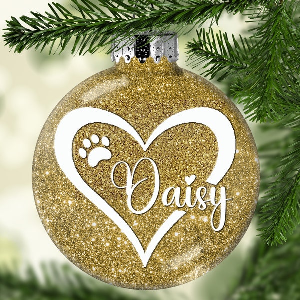 Personalized Glass Dog Ornament with name, Glitter Christmas Cat Ornaments, Custom Pet Glitter Ornaments, Personalized Ornaments