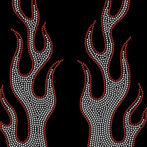 Pode incluir: Dois desenhos de chamas estilizadas sobre um fundo preto. Cada chama é delineada em vermelho e preenchida com pontos brancos, criando um efeito brilhante. O design é simétrico, cada chama espelha a outra.