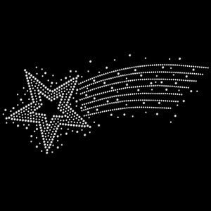 May include: A white star design with a dotted trail on a black background. The star is made of small white dots, with a five-pointed shape. The trail extends from the star, also composed of white dots, creating a comet-like effect.