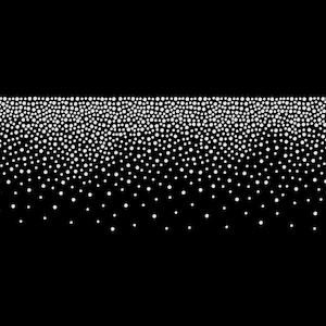 May include: A rectangular design featuring a black background with a pattern of white dots. The dots are densely packed at the top, gradually thinning towards the bottom, creating a visual effect of falling or floating particles. The design is simple and graphic.
