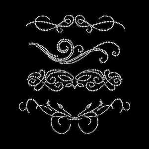 Puede incluir: Cuatro diseños decorativos de líneas punteadas blancas sobre fondo negro. Los diseños incluyen espirales, curvas y patrones florales. Ideal para scrapbooking, creación de tarjetas u otros proyectos de manualidades.