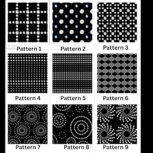 Puede incluir: Nueve diseños estampados en blanco y negro diferentes. Los patrones incluyen cuadrículas, lunares y formas geométricas. Cada patrón está etiquetado con el texto "Pattern" seguido de un número del 1 al 9.