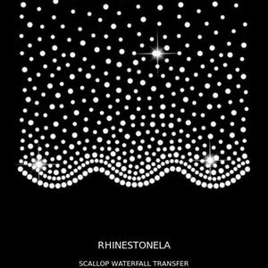 May include: A rhinestone transfer featuring a scallop waterfall pattern with white stones on a black background. Text reads: RHINESTONELA, SCALLOP WATERFALL TRANSFER, SC-005, 7 in W x 7.7 in H, 316 SS10 + 148 SS16 RHINESTONES, TRANSFER ONLY.