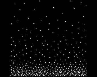 May include: Black background with a pattern of white dots. The dots are scattered across the image, with a denser concentration at the bottom, creating a visual effect of falling or settling.