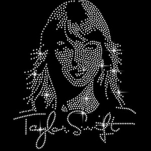May include: A black graphic featuring a portrait of a woman, created with white dots. The name "Taylor Swift" is written in a cursive font below the portrait. The image has sparkling effects.