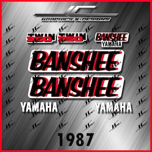 May include: Black and red graphic design for a Yamaha Banshee 350 motorcycle. The design includes the words "Banshee" and "Yamaha" and the year "1987".