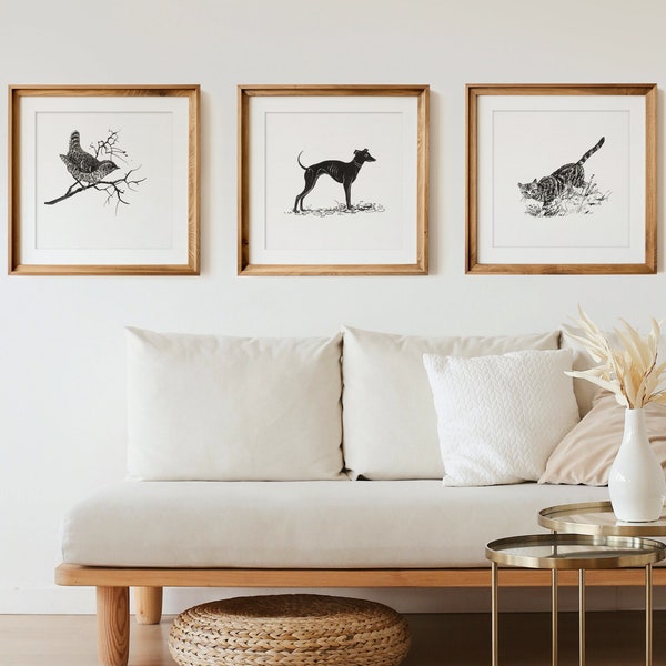 Printable Set of 3 Animal Wall Art, Black and White Illustration, Square Vintage Prints of Dog, Cat, and Bird, Digital Download