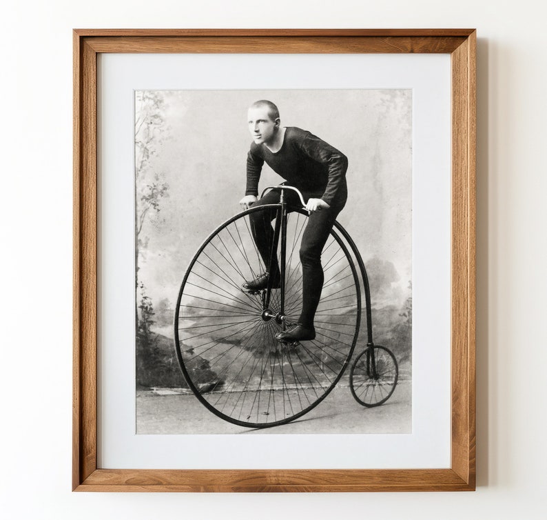Black and White Vintage Bicycle Art, Man Riding High Wheel Penny ...