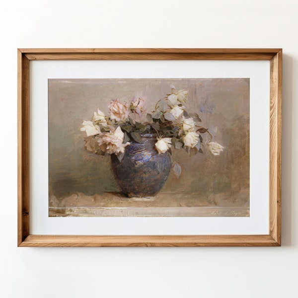 Vintage Floral Oil Painting, White Roses, Vase of Flowers Art Print, Printable Digital Download